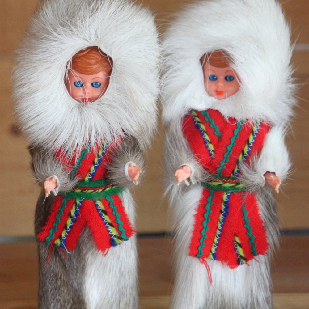 Vintage Celluloid Laplander Finnish Cultural Souvenir Dolls With Reindeer Fur